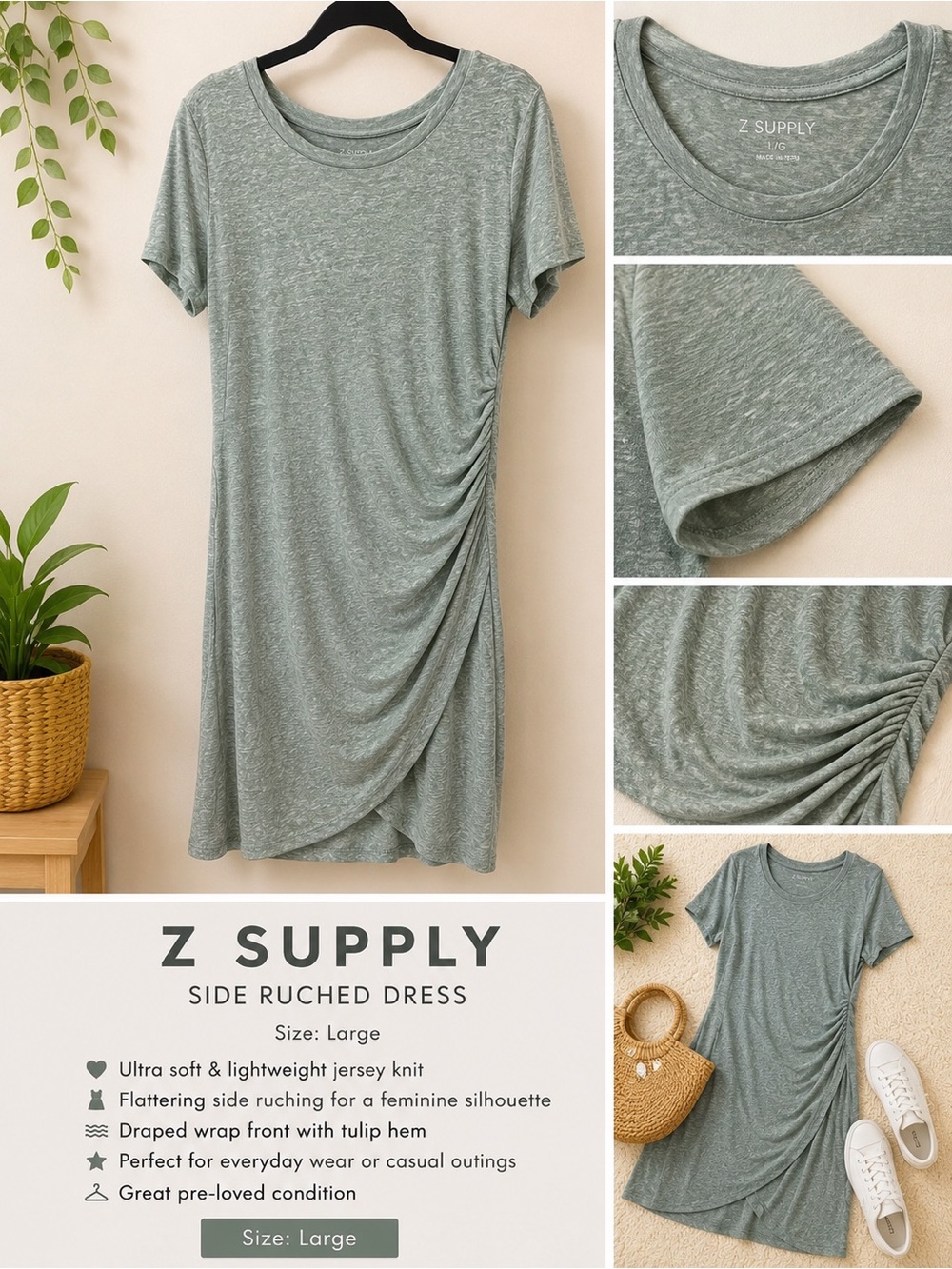 Z Supply Sage Green Short-Sleeve Midi Dress with Side Ruching
